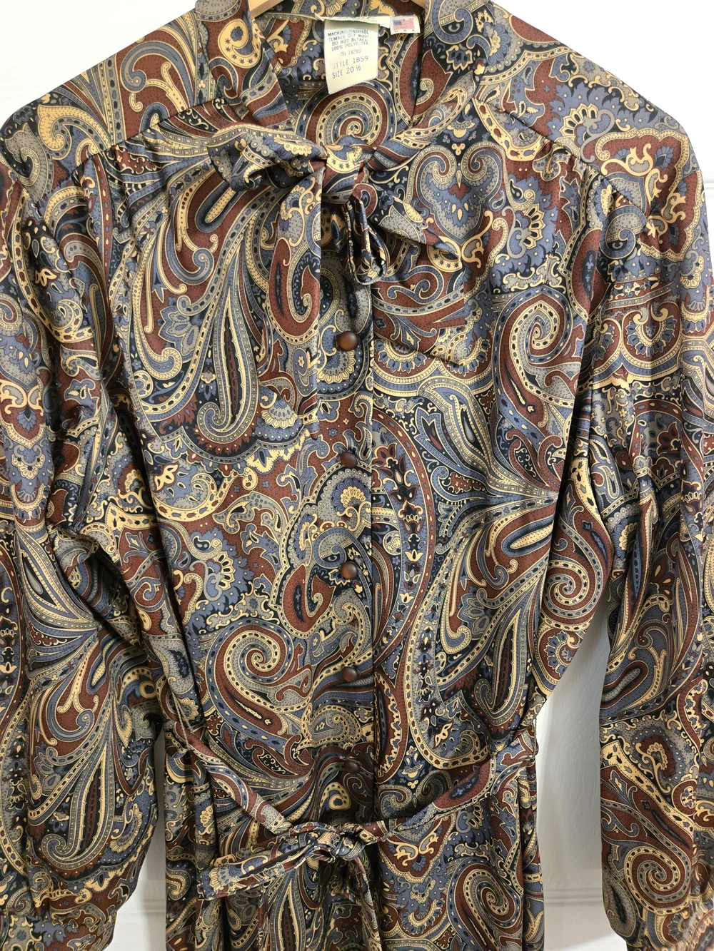 Vintage Brown And Grey Paisley Tie-Neck Long Sleeve Dress  Size 20 Made In USA - Picture 3 of 9